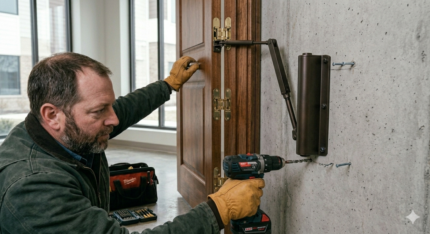 Wall-mounted door closer installation