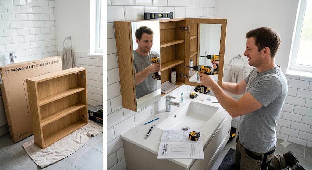 Mirror cabinet assembly and installation