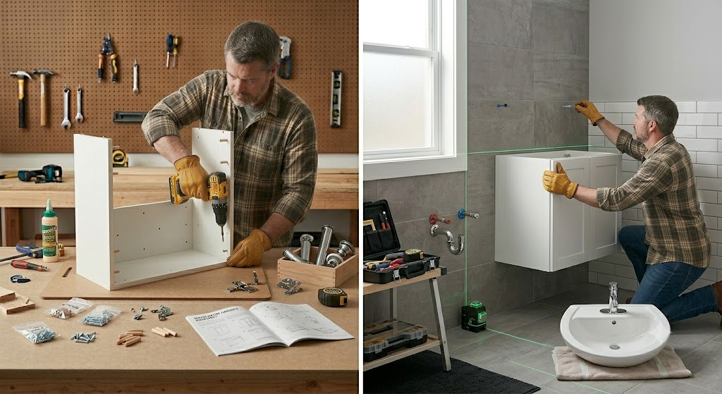 Wash basin cabinet assembly and installation