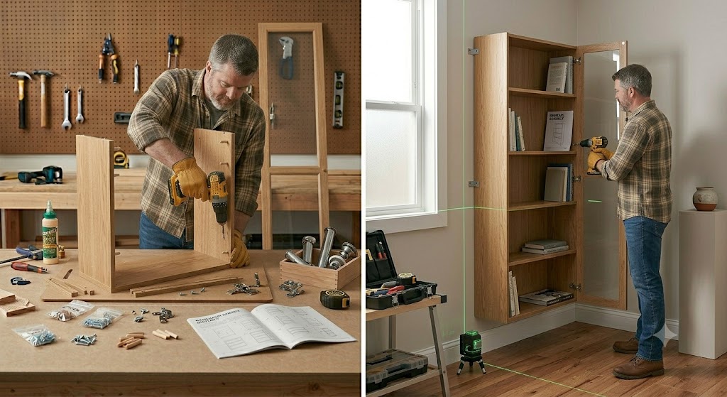 Bookcase with door assembly and installation